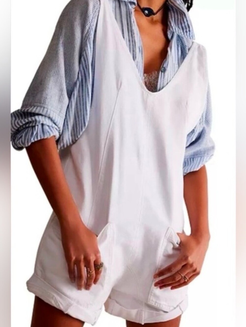 Free People We the Free High Roller Shortalls White SZ L Like New